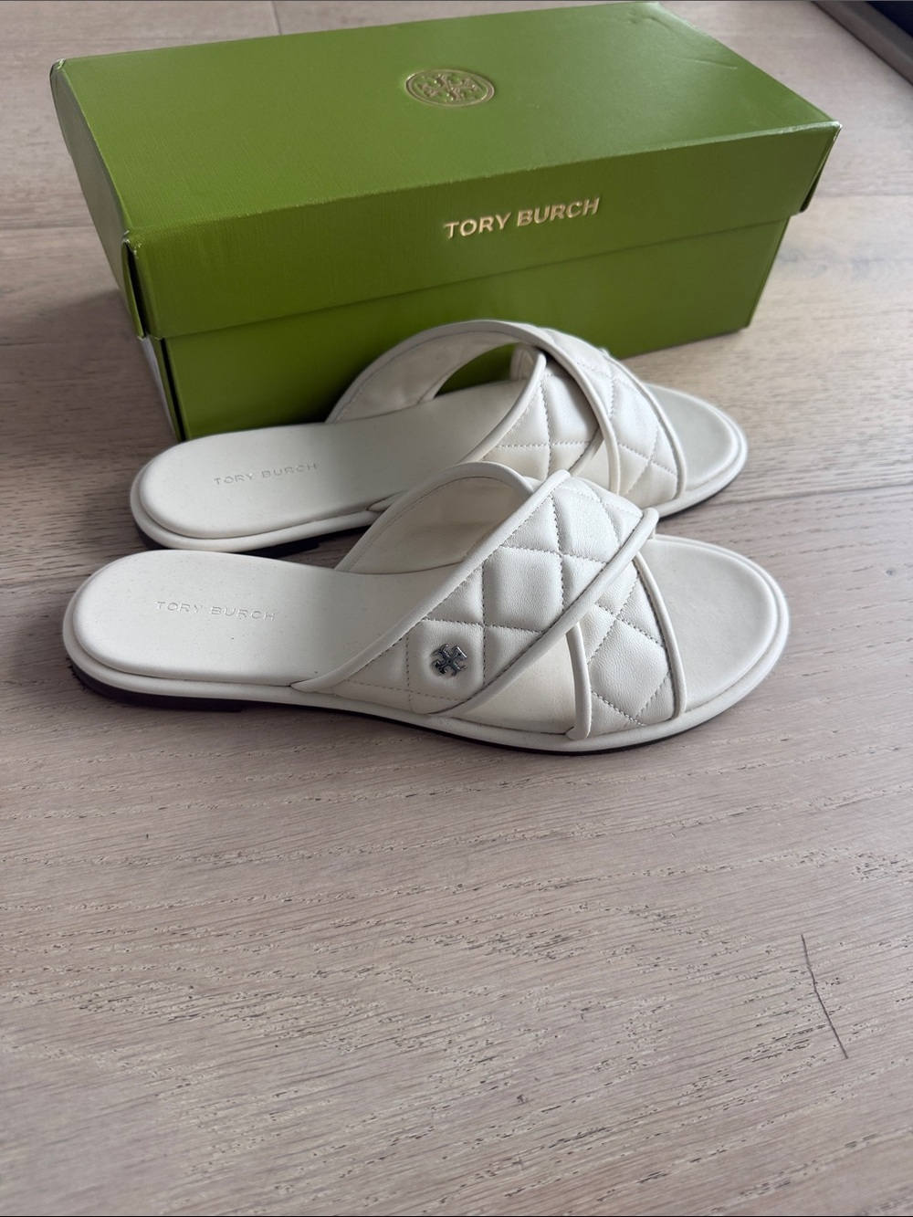 Tory Burch Cream Quilted Slide Sandals